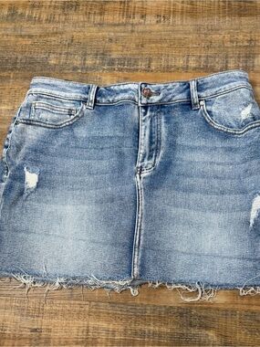 VIPONES Distressed Denim Mini Skirt Frayed Hem Stretch Size 12 Y2K